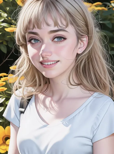 (impressionistic realism by csybgh), a cute young curly blonde, ambitious, intelligent, joyful yet troubled, failed politician, eccentric and punkish, greenish blue eyes, wearing a pink blouse, braided updo hairdo, small subtle pearl earrings, cute insecure teethy smile, dreamy appearance, she is seated on a bench in a park in a large city, petite almost frail build, wearing tight skinny blue jeans, her expression is charming loving and filled with admiration, pretty, masterpiece, 8k, hyper detailed, impasto painting, rough brushwork, palette knife painting, visible canvas texture