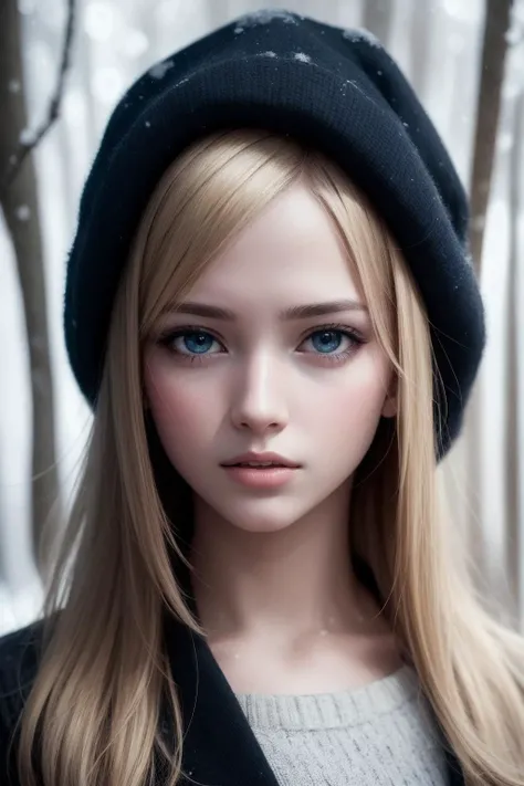 (realistic), (hyperrealism),best quality, masterpiece,ultra high res, (photorealistic:1.4),young girl,(looking at viewer),snowy forest,blonde hair,upper body,
