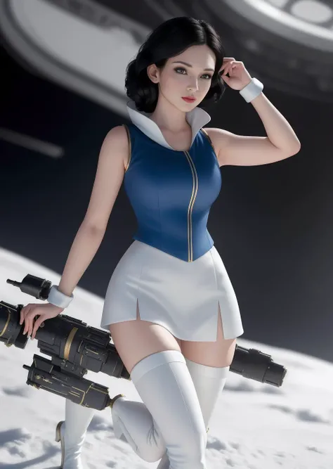 masterpiece, modelshoot style, 8k, realistic, ((photo realistic)), hyper realistic, ultra high quality, Snow White wearing a white sleeveless Starfleet uniform which ends in a short skirt, white thigh high boots, on a starship bridge, round face, highly detailed face, military pose <lora:starTrekUniforms_v1:1.5> <lora:SnowWhite_character-20:0.5>