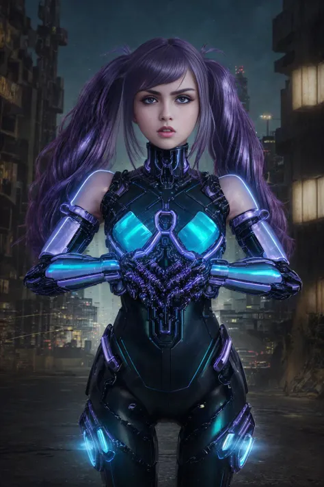 <lora:epi_noiseoffset2:0.4> <lora:hairstyle-pigtail:0.8> <lora:PostureCollar:0.8> closed mouth, beautiful girl's face, beautiful blue eyes, parted bangs, angry expression, v-shaped eyebrows, (tech-enhanced heroine:1.1), (perfect face:1.2), (masterpiece:1.4), (iridescent coated cybernetic arms:1.4), futuristic combat gear, dystopian urban landscape, cybernetic enhancements, (dynamic action pose:1.4), (pigtail_hairstyle:1.2), iridescent hair, intense lighting and shadows, by Simon Stlenhag