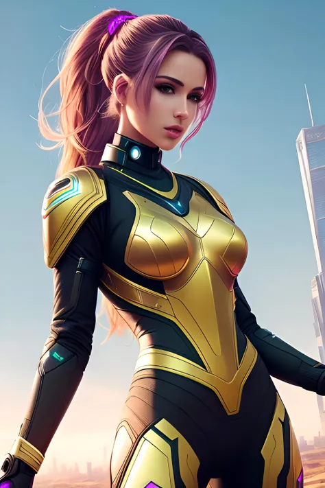 Beautiful girl in a futuristic cyber suit. (Detailed clothes). On the background of the field.  Detailed face. Detailed eyes. Saturated colors. Masterpiece. Realistic. High quality picture. Detailed picture. Masterpiece. ArtStation. A high resolution.