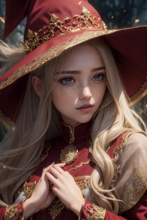 photorealistic, 35mm, intricate details, hdr, intricate details, hyperdetailed, natural skin texture, hyperrealism, sharp, 1 girl, adult (elven:0.7) woman, freckles, grey eyes, chestnut layered hair, portrait, looking down, solo, half shot, detailed background, witch hat, witch, magical atmosphere, hair flowing in the wind, red trimmed light colored clothes, whirlwind of swirling magic spell in the air, dark magic, (style-swirlmagic:0.8), floating particles,