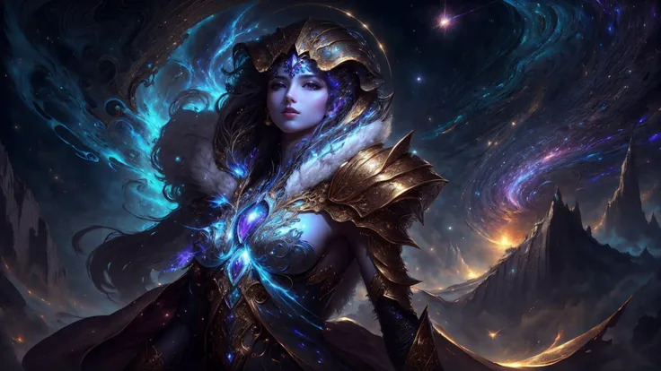 <lora:style-BaroqueAI:0.6> <lora:style-kVoidEnergy-v1:1> breathtaking masterpiece, best quality, highest quality, highly detailed, exquisite, award winning 8K digital painting of an ethereal and (incredibly beautiful female alien:1.4) with luminescent body parts that shimmer like stardust (lying gracefully on a steep cliff:1.2), casting a watchful gaze over (the galaxy:1.33), (a fluffy creature rests on her shoulder:1.4), intricate details, golden ratio, BaroqueAI, v0id3nergy, by Louis Royo