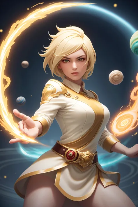 <lora:GelatoStyle:0.75>GelatoStyle:0.75, solo, masterpiece, best quality, perfect face, medium shot of a Eurasian woman with a amputated body. As a Planetary governor with very short hair:0.75 Yellow hair with ash brown streaks, (surrounded by intense swirling magical energy:1.2), dominant and intimidating, Antique white colored clothes, intricate and elegant, colorful, vivid, fighting stance