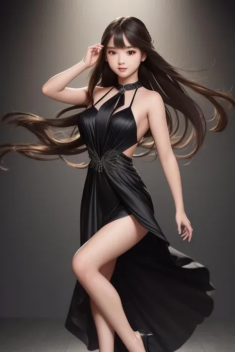 masterpiece,high resolution,depth of field,1girl,dancing,black dress,full body,detailed face,low-tied long hair