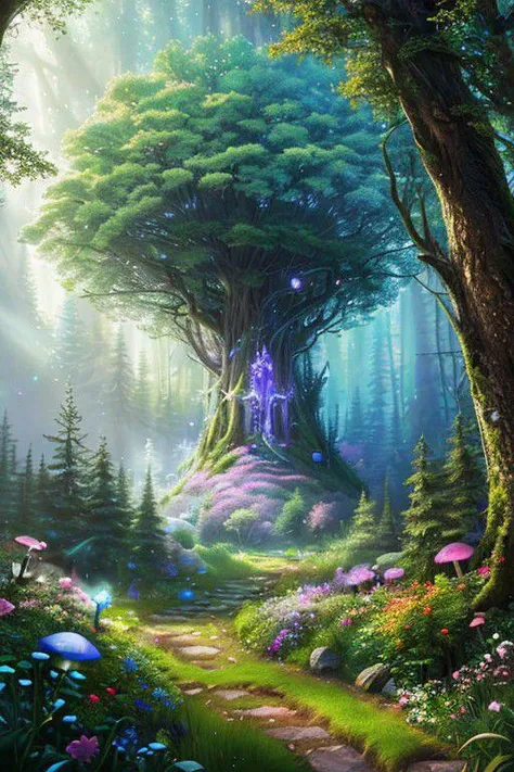 masterpiece, best quality, high quality,extremely detailed CG unity 8k wallpaper, An enchanting and dreamy scene of a fantasy forest, with towering trees, glowing mushrooms, and hidden fairy glens, creating a sense of mystique and enchantment, artstation, digital illustration, intricate, trending, pastel colors, oil paiting, award winning photography, Bokeh, Depth of Field, HDR, bloom, Chromatic Aberration ,Photorealistic,extremely detailed, trending on artstation, trending on CGsociety, Intricate, High Detail, dramatic, art by midjourney