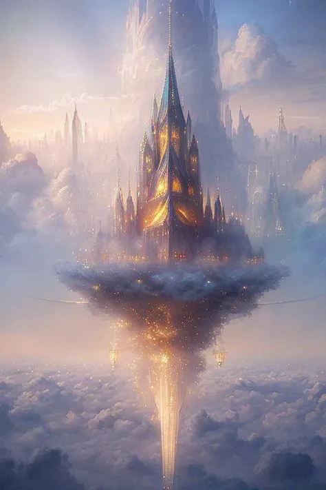 A breathtakingly ethereal cloud city floats gracefully in the heavens, its majestic towers and ethereal architecture leaving viewers in awe. The main subject of this captivating image is a city made entirely of fluffy, white clouds, resembling a dreamlike oasis suspended in the sky. The image is a digital artwork with intricate details and vibrant colors, resembling a painting brought to life. The city's pristine appearance is enhanced by shimmering gold accents, delicate wisps of mist weaving through its structures, and a soft, iridescent glow. This masterpiece of imagination evokes a sense of wonder and tranquility, capturing the essence of a world beyond our reach.