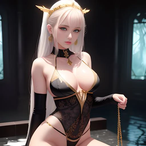 ultra realistic 8k cg, picture-perfect face, flawless, clean, masterpiece, professional artwork, famous artwork, cinematic lighting, cinematic bloom, perfect face, beautiful face, beautiful eyes, (black gold angle halo),((small waist,mature,medium ass,big breast)),gorgeous queen, royal, divine, goddess, godlike, fantasy, dreamlike, unreal, science fiction, wet, sweat,detailed laces,white long sleeved crop top,(black thong,gold details), green-blue eyes, shiny eyes, (background, fantasy,hot spring), sexy, charming, alluring, seductive, erotic,water diamond earrings,enchanting, cleavage,full body, shiny skin, looking at viewer,