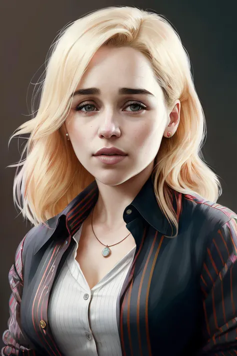 portrait photo of emiliaCl1 ,(red and black striped shirt), (dirty blonde hair), alluring portrait, intricate, highly detailed, digital painting, artstation, concept art, naughty, sharp focus, cinematic lighting, illustration, art by artgerm and greg rutkowski, alphonse mucha, cgsociety