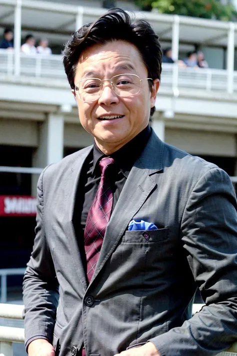 best quality, ultra high res, (photorealistic:1.4),(Grey suit:1.2),At the racetrack,1boy,standing ,(looking at viewer), <lora:dongbiao:0.8>