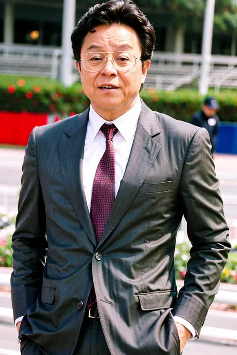 best quality, ultra high res, (photorealistic:1.4),(Grey suit:1.2),masterpiece, blurry background,1boy,standing ,At the racetrack,(looking at viewer), <lora:dongbiao:0.8>