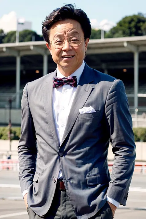 best quality, ultra high res, (photorealistic:1.4),(Grey suit:1.2),At the racetrack,1boy,standing ,(looking at viewer), <lora:dongbiao:0.8>