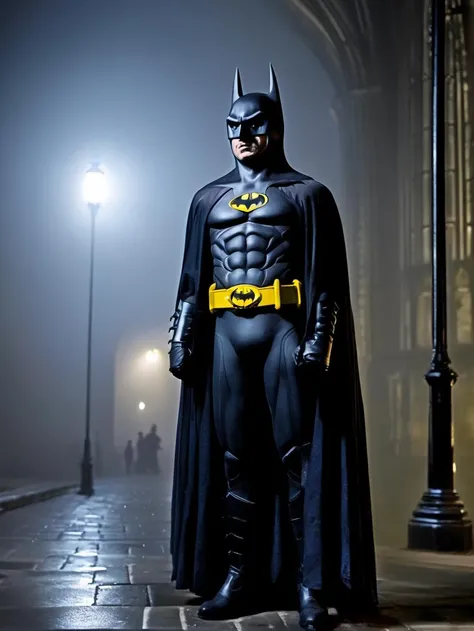 photo of Batman, Gothic London, mist, fog, low light, shadows, <lora:Batman89-000003:0.6>
