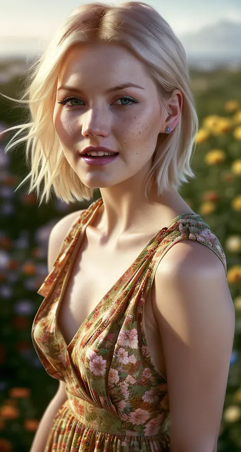 (elisha:0.95), Photo, (sharp focus:1.2). Attractive young woman, freckles, (open mouth:1.1), (dark hair:1.1), (toned body:1.2). wearing (floral sundress). depth of field. 4K, HDR. by (James C. Christensen:1.2|Jeremy Lipking:1.1|Andrew Atroshenko:1.2).