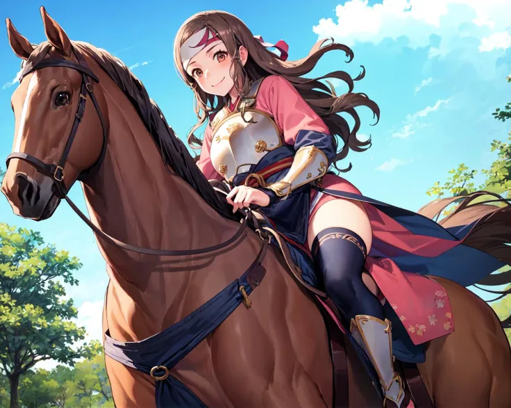 (from below:1.2),<lora:hana-000014:0.8>,def_hana, (brown horse,riding a horse,saddle,reins:1.15),headband, sandals, armor,smile, japanese clothes, thighhighs, sheath,blue pelvic curtain,outdoors, (masterpiece, best quality, ultra-detailed, best shadow)