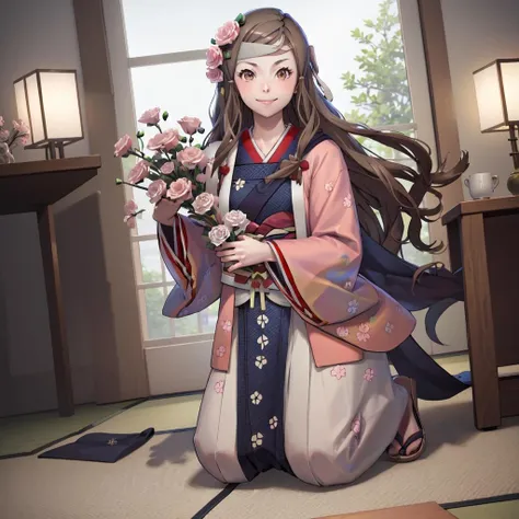 <lora:hana-000014:1> val_hana, japanese clothes,flower,sandals, wide sleeves, sheath, kimono, floral print, long sleeves
masterpiece, best quality, absurdres, ((dojo)), kneeling, smile, holding bouquet