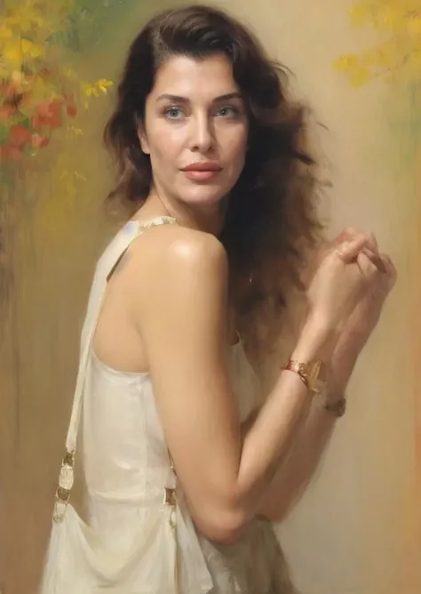 portrait painting of a woman, highly detailed, intricate details, perfect hands and fingers, beautiful charming figure, 45 years old, beautiful armpits, oil painting, acrylic painting, 