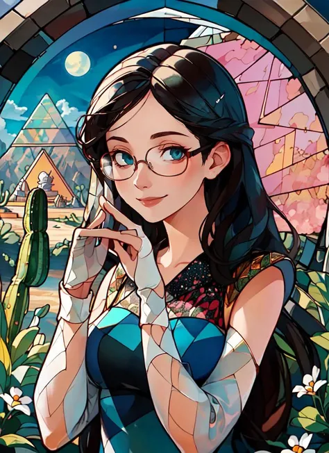 ((best quality)), ((highly detailed)), masterpiece, absurdres, detailed face, beautiful face, (detailed eyes, deep eyes), (1girl), (glasses), upper body, girl next door, friendly, smiling, (outside, at a desert, cactus, pyramid, morning, blizzard), <lora:GLASS3:1>, \(boli\)