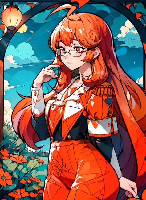 ((best quality)), ((highly detailed)), absurdres, (detailed eyes, deep eyes), (1girl), (glasses), cowboy shot, (((wide shot))), <lora:stadiachan:.9>, stadia-chan, long hair, orange hair, huge ahoge, (multicolored eyes), epaulettes, (outside, in a meadow, morning, storm), <lora:GLASS3:.9>, \(boli\)