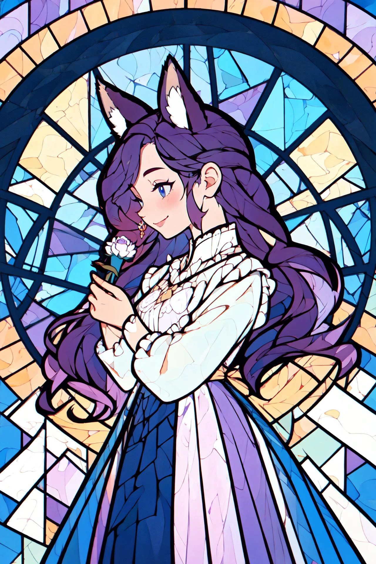 (high quality, best quality, 4k, 2k, (intricate:1.1), (high detail:1.3)), ((fantasy world, abstract background)), (official wallpaper, volumetric lighting, dynamic lighting), \(boli\),
1girl, solo, (fox girl, fox ears, fox tail), ((purple hair)), long hair, ponytail, (blue eyes), flat chest,
blouse, collared shirt, frills,
standing, ((smile, cowboy shot)),
<lora:GLASS:1>