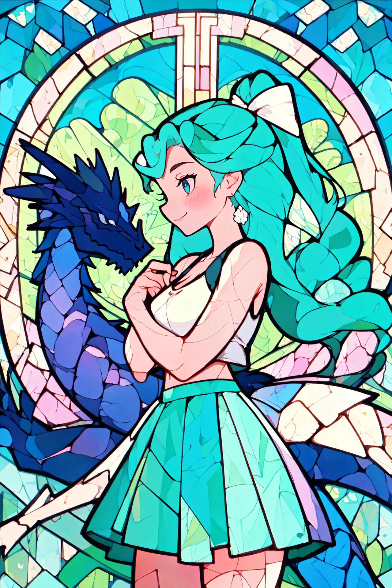 (high quality, best quality, 4k, 2k, (intricate:1.1), (high detail:1.3)), ((fantasy world, abstract background)), (official wallpaper, volumetric lighting, dynamic lighting), \(boli\),
1girl, solo, (dragon girl, dragon tail, dragon horns), ((blue hair)), long hair, (ponytail), (green eyes),
tank top, pleated skirt, midriff,
standing, ((smile, cowboy shot)),
<lora:GLASS:1>