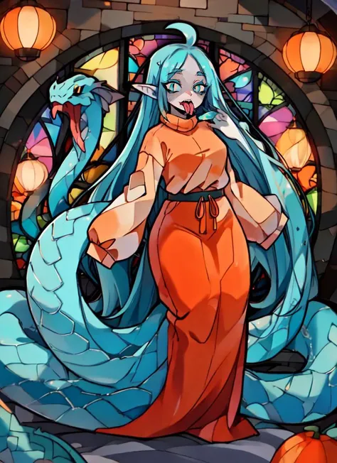 ((best quality)), ((highly detailed)), masterpiece, absurdres, extremely detailed face, beautiful face, (detailed eyes, deep eyes), (1girl), multiple views, dynamic pose, full body, <lora:aiomonstergirls_aiov4LoraLycoris:.6>, <lora:animeLamia_v10:1>, (lamia), scales, tail, merged at waist, standing, (aqua hair, aqua scales), orange eyes, <lora:slit-pupils:1>, snake eyes, pointy ears, <lora:slittongue:1>, (slittongue), fangs, open mouth, tongue out, (indoors, in a bedroom, <lora:oversized_shirt_v0.2:1>, oversized clothes, oversized sweater, long sleeves, sleeves past wrists), <lora:GLASS3:.9>, \(boli\)