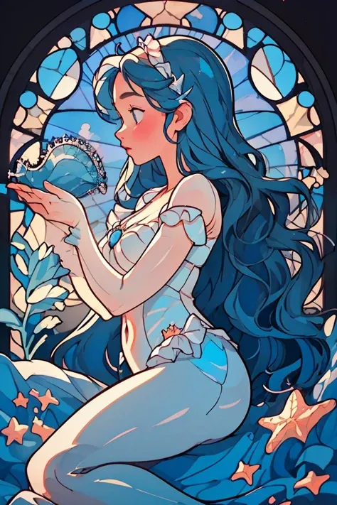(masterpiece, best quality), 1girl, Cerulean Mermaid Waves with Starfish Hairpin, Size H breasts, <lora:GLASS:1> \(boli\)