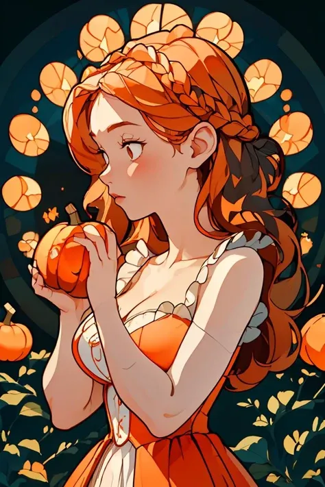 (masterpiece, best quality), 1girl, Pumpkin orange Voluminous Curly Updo with Hair Vine, Size A breasts, <lora:GLASS:1> \(boli\)