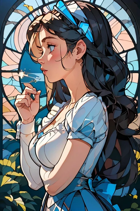 (masterpiece, best quality), 1girl, Electric blue Loose Curls with a Hair Accessory, Size F breasts, <lora:GLASS:1> \(boli\)
