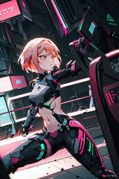 <lora:noah-000012>, noah_\(nikke\), pink hair, short hair, dutch angle, fighting stance, distressed, angry, torn clothes, from side, navel, outdoors, arena, cybertech, cyberpunk, neon