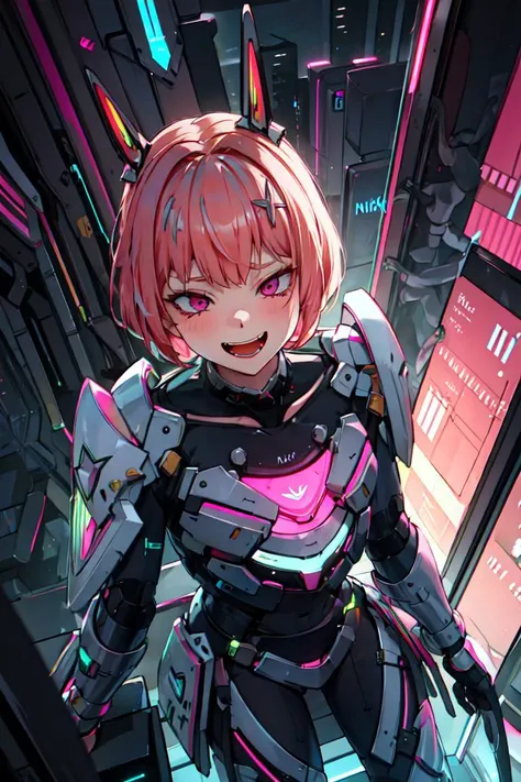 <lora:noah-000012>, noah_\(nikke\), pink hair, short hair, from above, sneering, laughing, neon, cyberpunk, backlit, solo, focus
