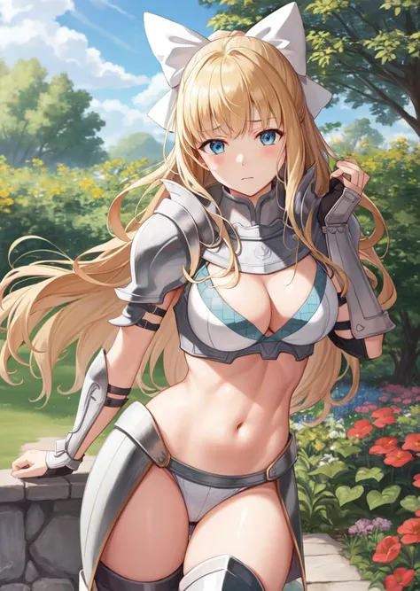 masterpiece, best quality, charlotte, hair bow, bikini armor, vambraces, armored legwear, toned body, pleading expression, garden <lora:charlotte-nvwls-v1-final-test:0.9>