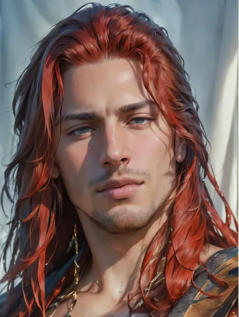 (8k, RAW photo, best quality, masterpiece:1.2), (realistic, photo-realistic:1.4), ultra-detailed, (high detailed skin:1.2), Black men, long red hair, handsome 1man, <lora:PrettyBoyV2:1>