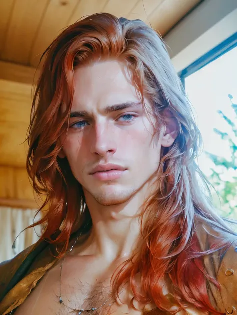 (8k, RAW photo, best quality, masterpiece:1.2), (realistic, photo-realistic:1.4), ultra-detailed, (high detailed skin:1.2), Caucasian long red hair, handsome 1man, <lora:PrettyBoyV2:1>