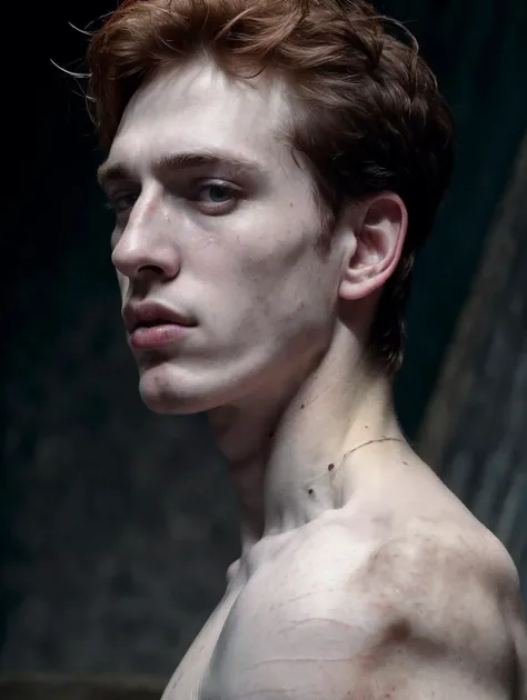 (8k, RAW photo, best quality, masterpiece:1.2), (realistic, photo-realistic:1.4), ultra-detailed, (high detailed skin:1.2), (Caucasian) pale skin, white and red hair, handsome 1man,  (strong jaw:1.3) (thin lips:1.3) <lora:PrettyBoyV2:1>