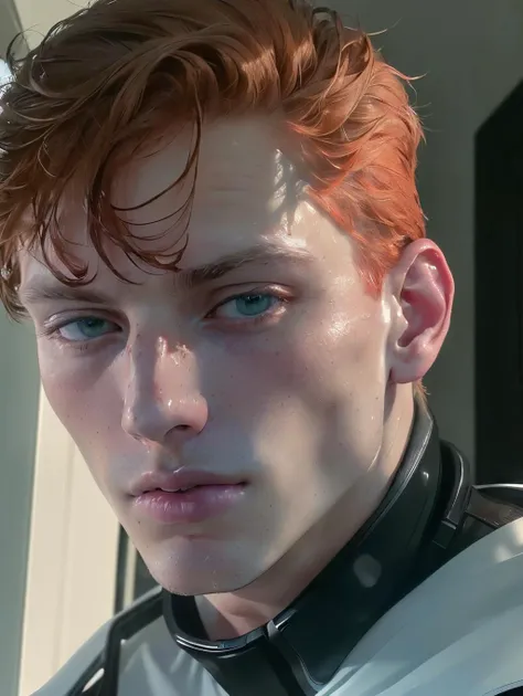 (8k, RAW photo, best quality, masterpiece:1.2), (realistic, photo-realistic:1.4), ultra-detailed, (high detailed skin:1.2), 8k uhd, dslr, soft lighting, high quality, film grain, Fujifilm XT3, professional lighting, handsome 1man , (thin lips:1.3), masterpiece, best quality, green eyes, red hair, pale skin, (strong wide jaw:1.3), brutal, <lora:PrettyBoyV2:1>