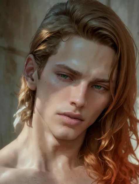 (8k, RAW photo, best quality, masterpiece:1.2), (realistic, photo-realistic:1.4), ultra-detailed, (high detailed skin:1.2), 8k uhd, dslr, soft lighting, high quality, film grain, Fujifilm XT3, professional lighting, handsome 1man , (thin lips:1.5), masterpiece, best quality, green eyes, long red hair, pale skin, (strong wide jaw:1.3), brutal, <lora:PrettyBoyV2:1>