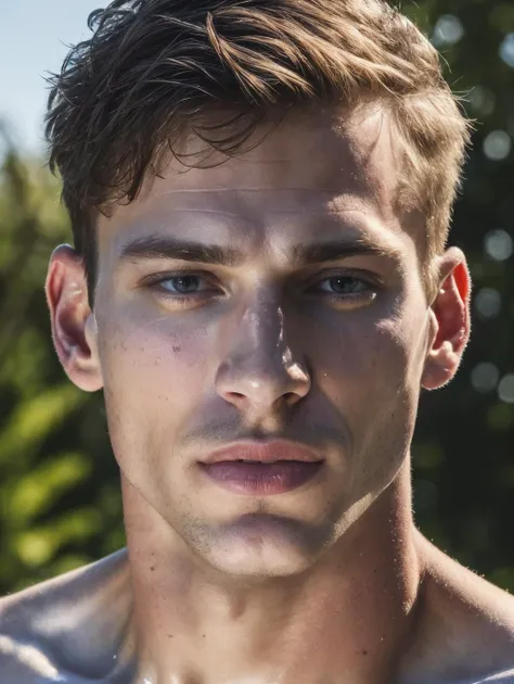 25 year old man,athletic,extremely fit,diver,on the high dive preparing to jump,Thorough,analog style,eye focus,highest quality,(highly detailed skin),perfect face,skin pores,(bokeh:0.6),sharp focus,dappled lighting,(backlighting:0.7),film grain,front view,(upper body:0.9) .,