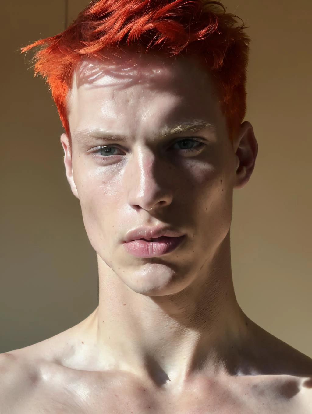 (8k, RAW photo, best quality, masterpiece:1.2), (realistic, photo-realistic:1.4), ultra-detailed, (high detailed skin:1.2), (Caucasian) pale skin, black and red hair, handsome 1man, green eyes, (strong jaw:1.3) (small lips:1.3) <lora:PrettyBoyV2:1>