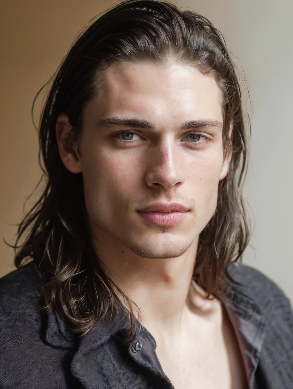 (8k, RAW photo, best quality, masterpiece:1.2), (realistic, photo-realistic:1.37), ultra-detailed, (high detailed skin:1.2), 8k uhd, dslr, soft lighting, high quality, film grain, Fujifilm XT3, professional lighting, handsome 1man ,pale skin, gray eyes, (brunette black long hair:1.3) brutal <lora:PrettyBoyV2:0.8> <lora:lyco_humans_v10:0.3>