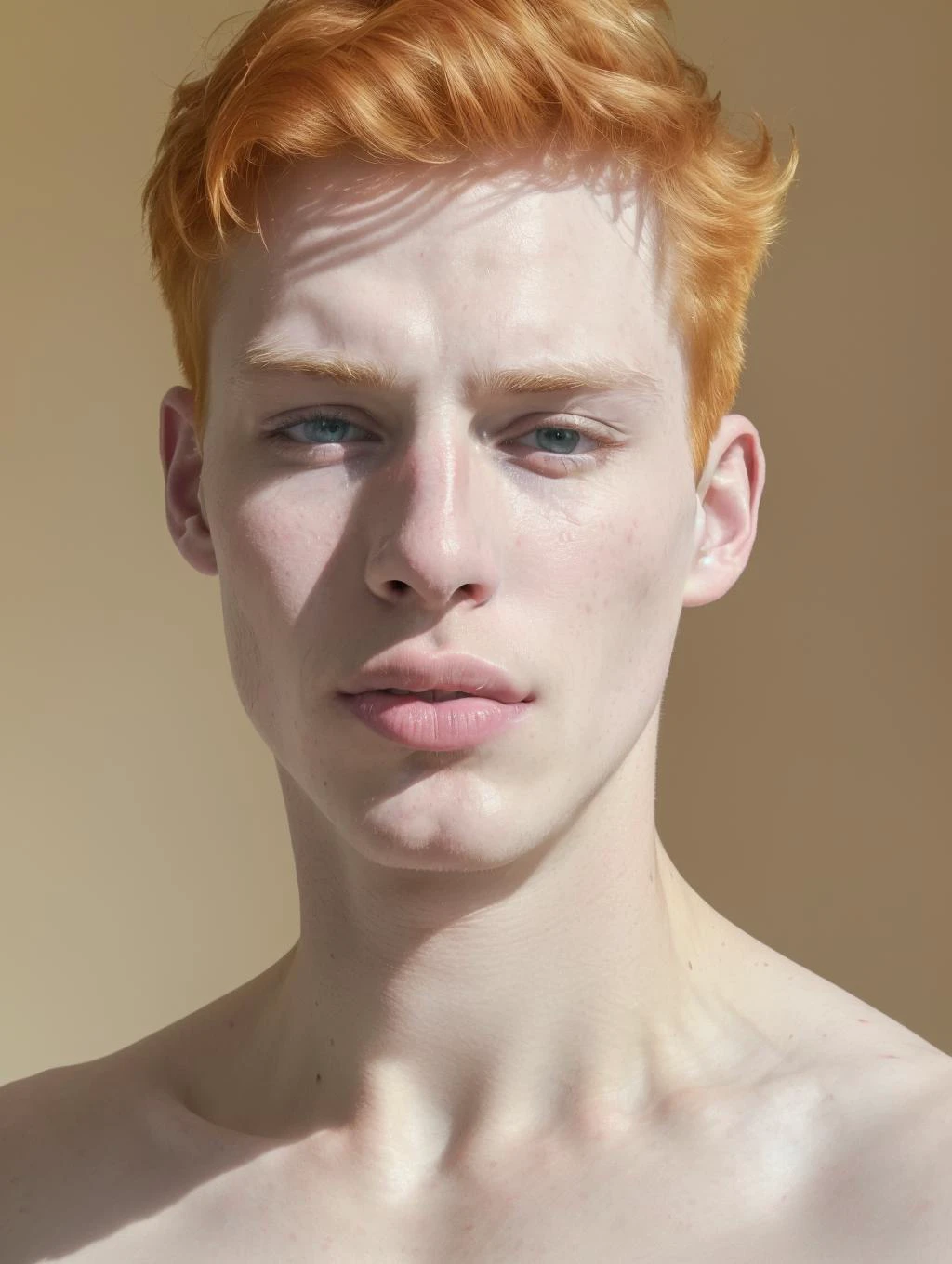 (8k, RAW photo, best quality, masterpiece:1.2), (realistic, photo-realistic:1.4), ultra-detailed, (high detailed skin:1.2), (Caucasian) pale skin, blond and red hair, handsome 1man, green eyes, (strong jaw:1.3) (small lips:1.3) <lora:PrettyBoyV2:1>