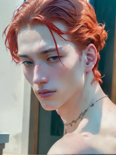 (8k, RAW photo, best quality, masterpiece:1.2), (realistic, photo-realistic:1.4), ultra-detailed, (high detailed skin:1.2), (asian) pale skin, white and red hair, handsome 1man, <lora:PrettyBoyV2:1>