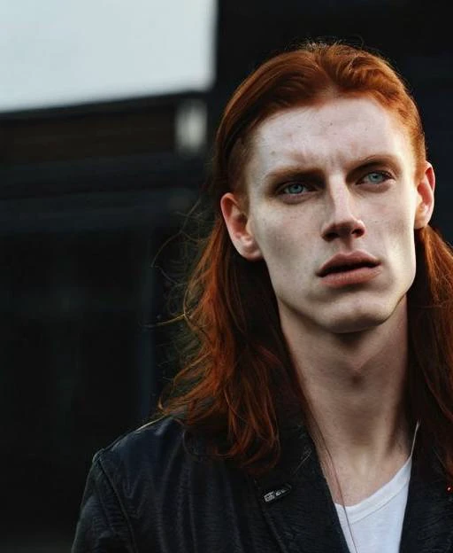 man, red long hair, pale skin, grey eyes, black jacket, blue jeans, white t-shirt, neon light, night, outdoors, night street, natural colors, blue eyes, (medium shot:1.2), (ultra realistic:1.2), (looking at viewer:1.2) <lora:PrettyBoy:0.9> <lora:samdoesartsSamYang_offsetRightFilesize:0.7> <lora:hipoly3DModelLora:0.6>