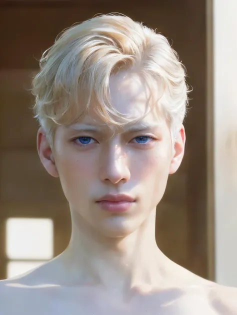 Young korean male human, white hair, sky-blue eyes, porcelain skin, handsome