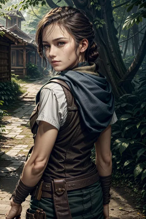 JudyCyber, solo, brown hair, weapon on back, weapon, realistic, scar, tree, outdoors, upper body, male focus, armor, 1girl, scarf, vest
masterpiece, best quality,
<lora:epi_noiseoffset2:1>,  <lora:add_detail:0.7>,  <lora:AliciaPlague:0.7>