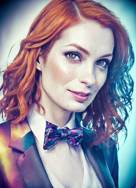 portrait of sks woman in tuxedo, (perfect eyes), energetic and colorful streams of light (photo, studio lighting, hard light, sony a7, 50 mm, matte skin, pores, concept art, colors, hyperdetailed), with professional color grading, soft shadows, bright colors, daylight, <lora:locon_felicia_v1_from_v6_64_32:1.4>