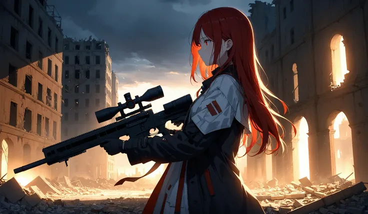 1girl, solo, holding sniper rifle, red hair, long hair, ruined city, outdoors, crying, standing, from side, dynamic,
masterpiece, best quality,
bloom effect, transparent, soft lighting, dynamic lighting, (front light:1.5), brighter face