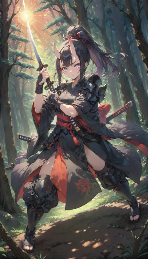 1girl, holding a katana, holding weapon, arms up, kogasumi stance, [kunoichi:opal:0.5],
ebony samurai armor, oni horns, high ponytail, burnished silver, menpoo,
intricate detail, cinematic lighting, amazing quality, amazing shading, detailed Illustration, official artwork, wallpaper, official art, extremely detailed eyes and face, beautiful detailed eyes, lylac eyes,
((masterpiece, best quality)), full body, from below, in a forest clearing at sunset, sunbeams
<lora:yukihiro_kajimoto_so2r_xl:0.4> <lora:Final_Fantasy_Tactics_XLv2:0.4> <lora:IOS_Iridescent_opal_style:0.8>