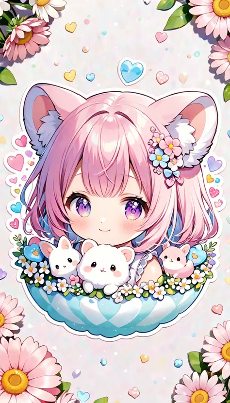 Sticker of a cute, round little animal with big, sparkling eyes and a gentle smile on its face. It has soft, pastel-colored fur. The small critter is surrounded by dainty, heart-shaped flowers in complementary pastel shades, adding to the sticker's overall charm.The white background provides the perfect canvas for this adorable creature, allowing its pastel features to pop and catch the eye. The sticker design exudes a warm and playful energy, making it an endearing addition to any item it adorns.