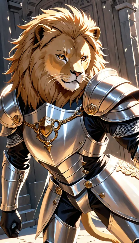 a lion in armor poses for a picture, cinematic close shot